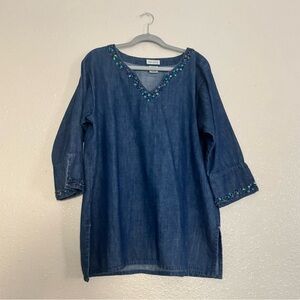 Vintage 90’s Beaded Neckline Chambray Top